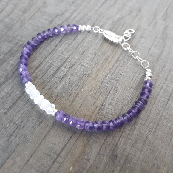 Amethyst & Rainbow Moonstone bracelet purple Genuine Gemstone sterling silver - Picture 2 of 3